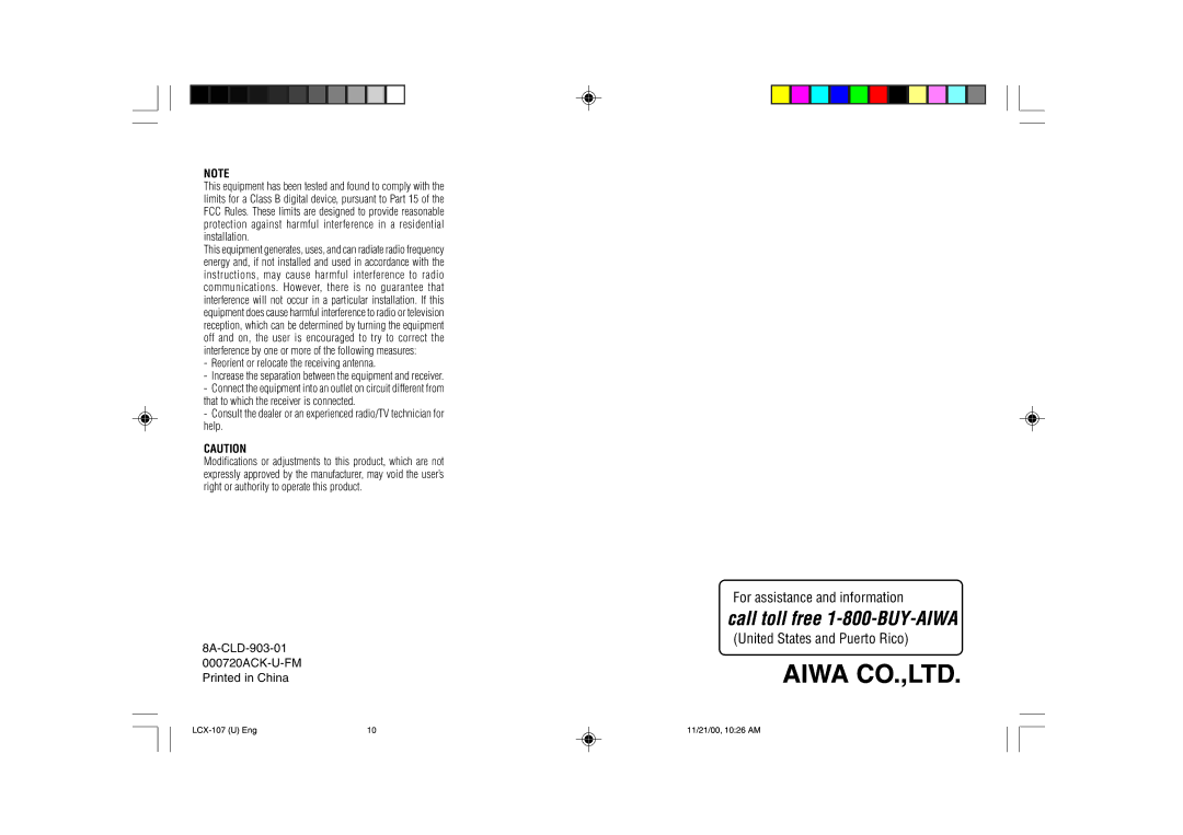 Aiwa LCX-107 operating instructions For assistance and information United States and Puerto Rico 