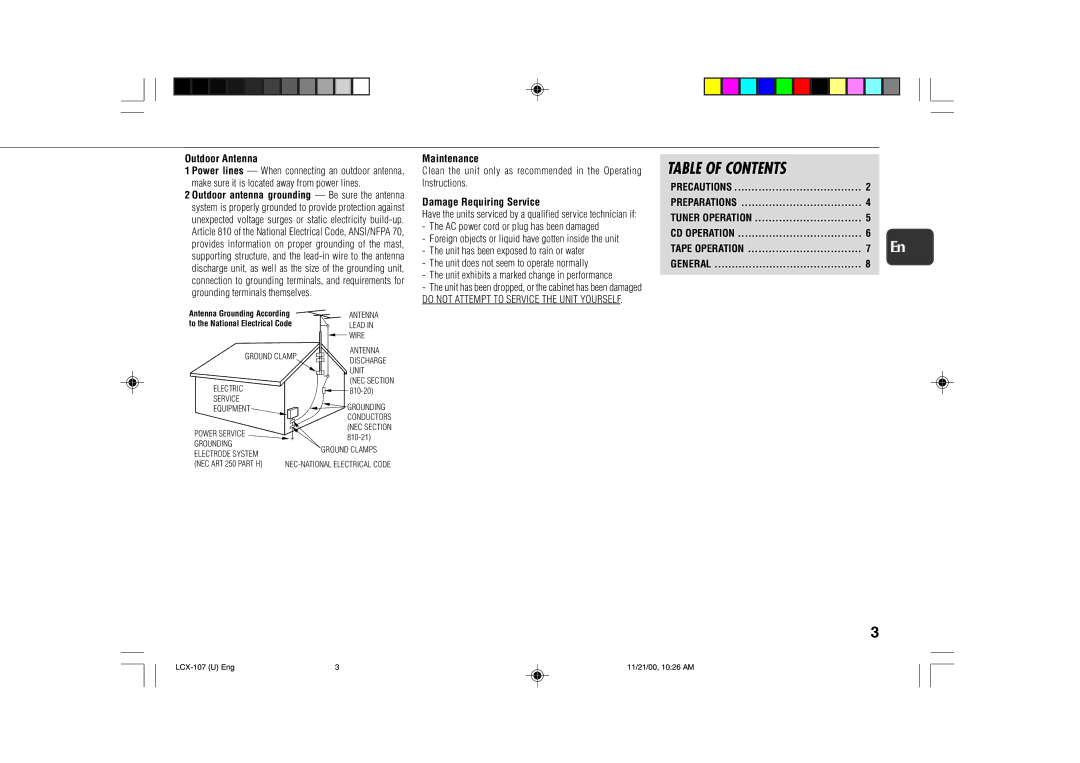 Aiwa LCX-107 operating instructions Table of Contents 