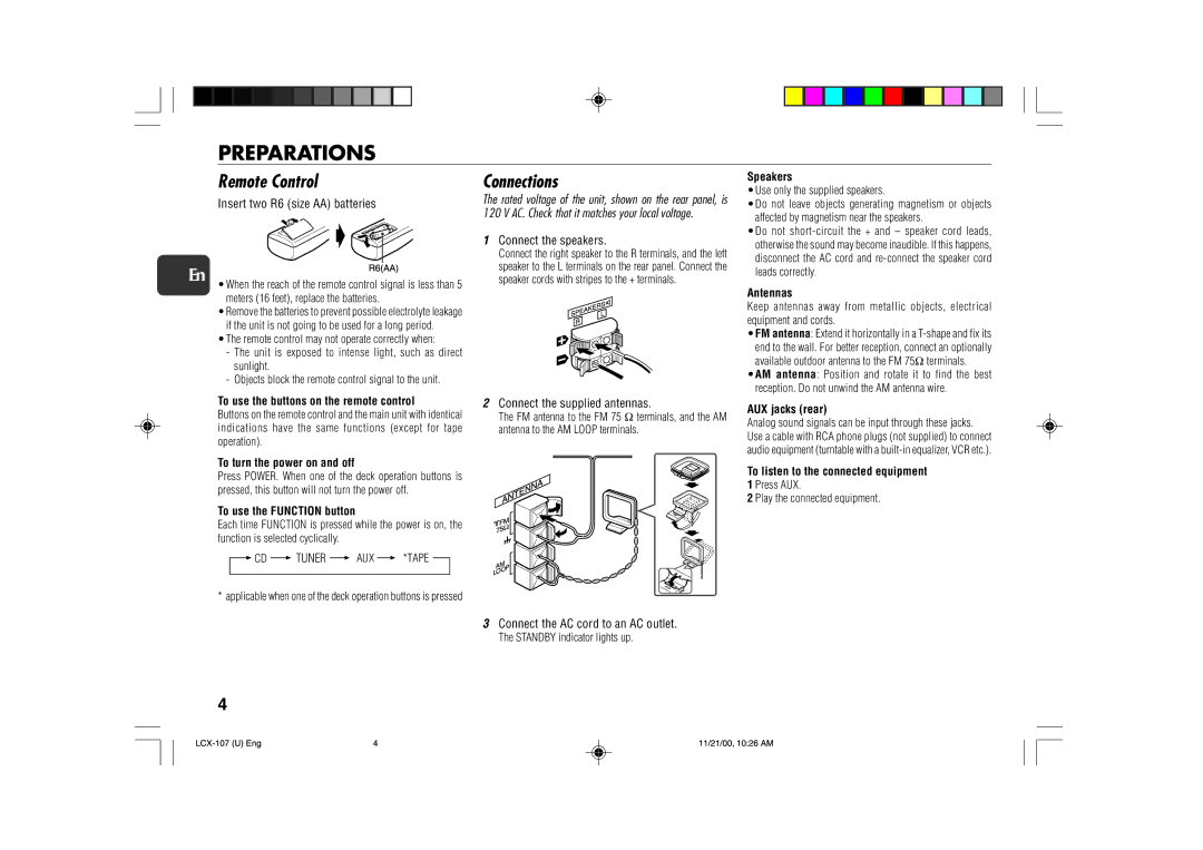 Aiwa LCX-107 operating instructions Preparations, Remote Control, Connections 