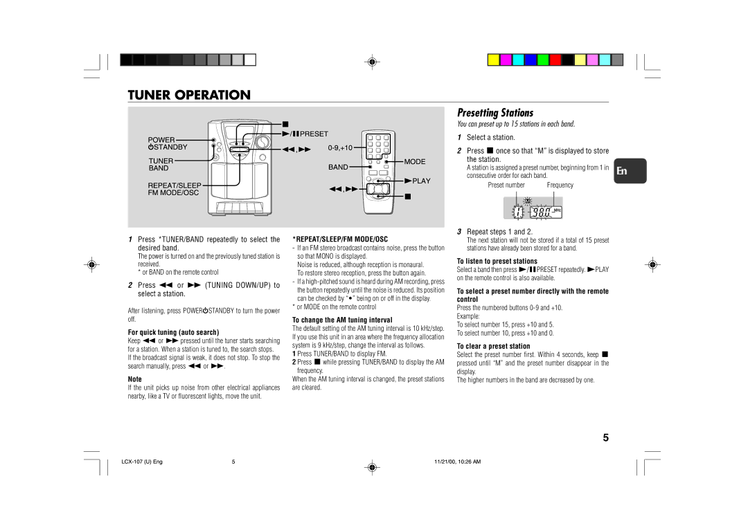 Aiwa LCX-107 operating instructions Tuner Operation, Presetting Stations, Repeat/Sleep/Fm Mode/Osc 