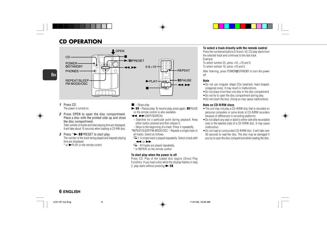 Aiwa LCX-107 operating instructions CD Operation, Gskip/Search, To start play when the power is off 