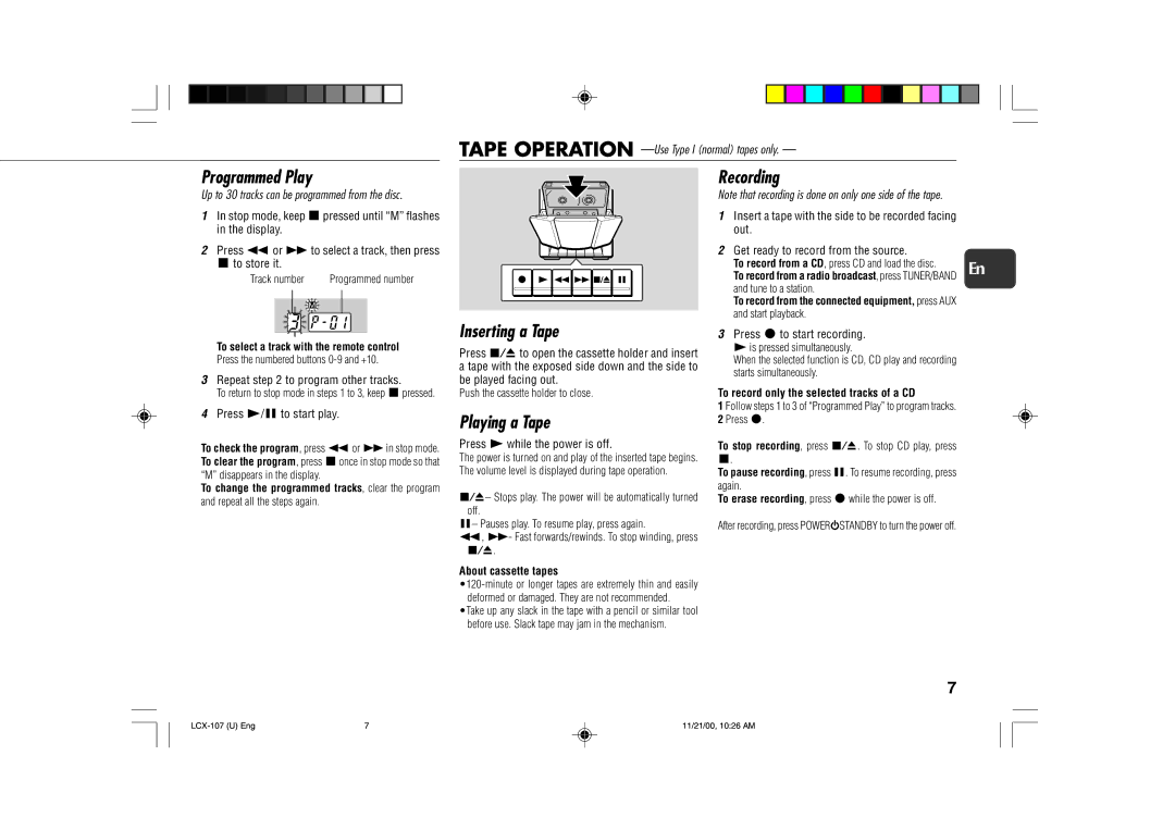 Aiwa LCX-107 operating instructions Programmed Play, Recording, Inserting a Tape, Playing a Tape 