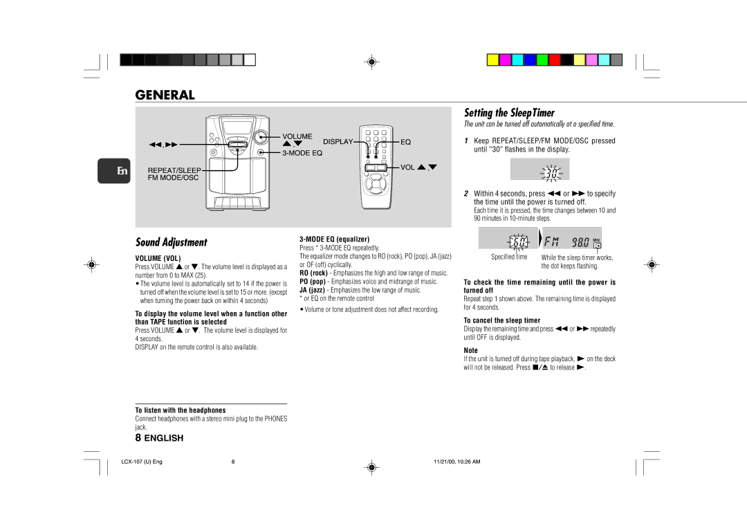 Aiwa LCX-107 operating instructions General, Setting the SleepTimer, Sound Adjustment, Volume VOL 