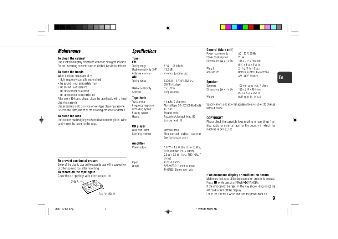 Aiwa LCX-107 operating instructions Maintenance, Specifications, Copyright 