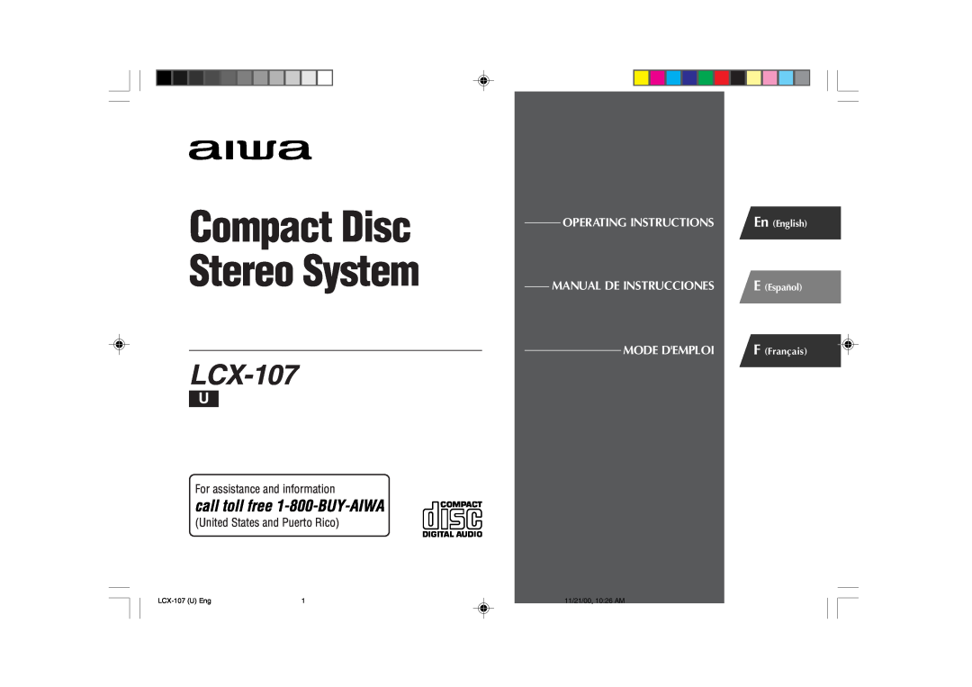Aiwa LCX-107 operating instructions For assistance and information, United States and Puerto Rico, Operating Instructions 