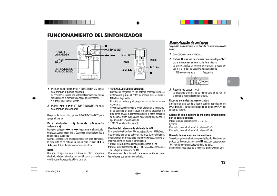 Aiwa LCX-107 Funcionamiento Del Sintonizador, Memorización de emisoras, Para sintonizar rápidamente Búsqueda automática 