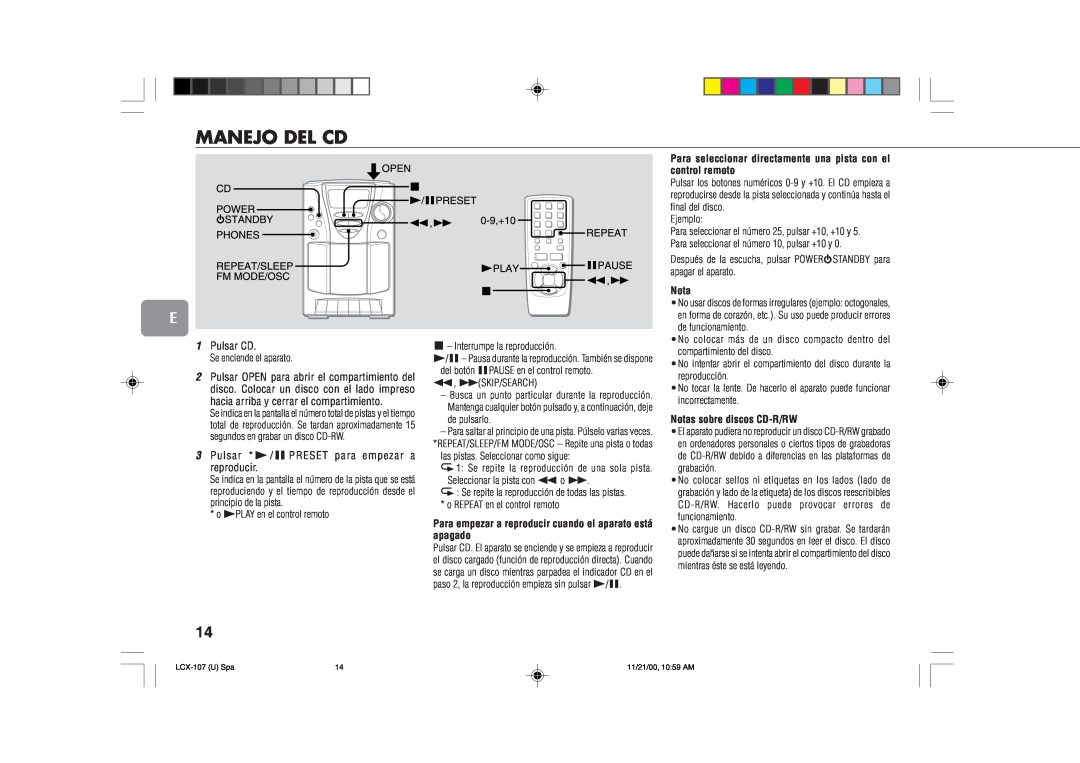 Aiwa LCX-107 operating instructions Manejo Del Cd, Notas sobre discos CD-R/RW 