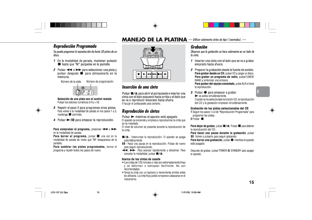 Aiwa LCX-107 operating instructions Reproducción Programada, Grabación, Inserción de una cinta, Reproducción de cintas 