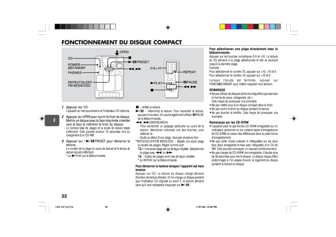 Aiwa LCX-107 operating instructions Fonctionnement Du Disque Compact, Remarques sur les CD-R/RW 