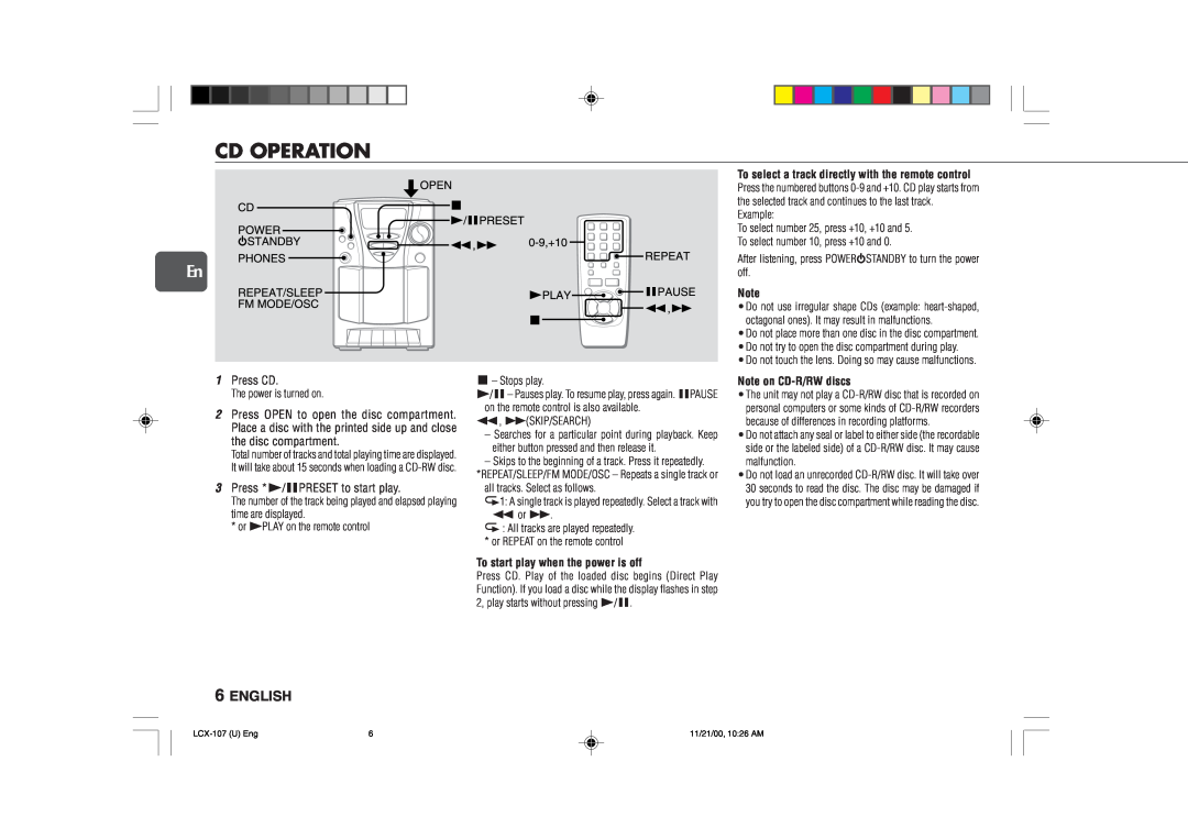 Aiwa LCX-107 operating instructions Cd Operation, 6ENGLISH, To start play when the power is off, Note on CD-R/RWdiscs 