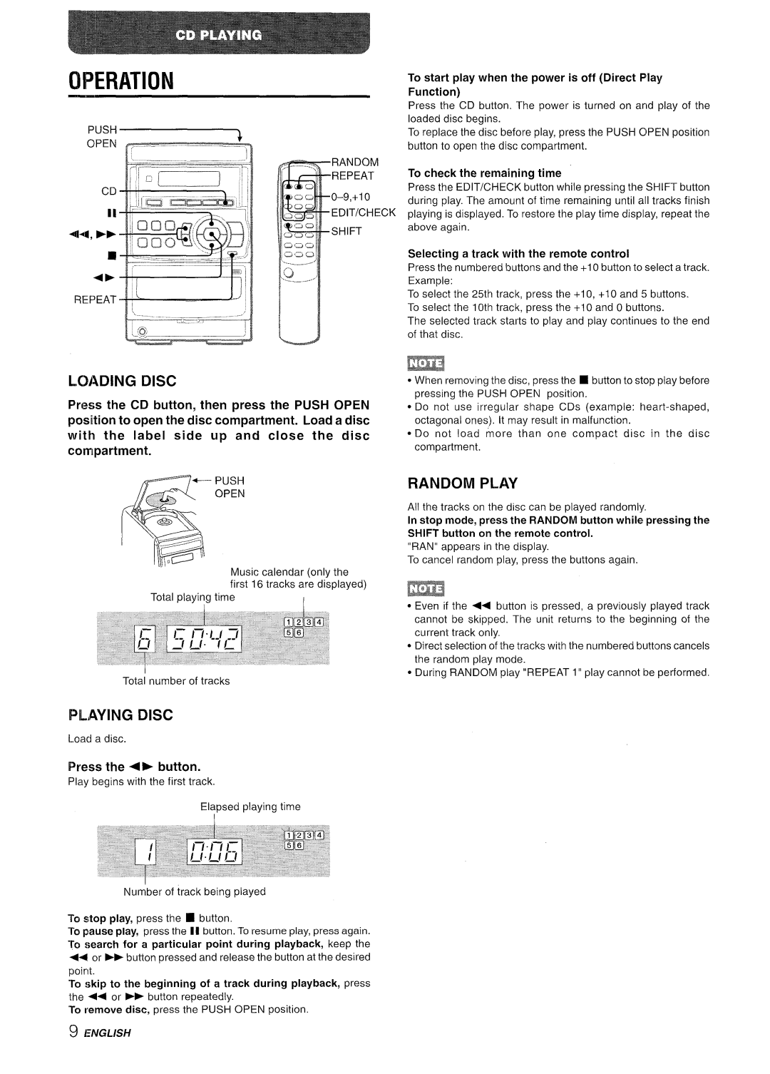 Aiwa LCX-350 manual Operation, Loading Disc, Playing Disc, Random Play, Press the +- button 