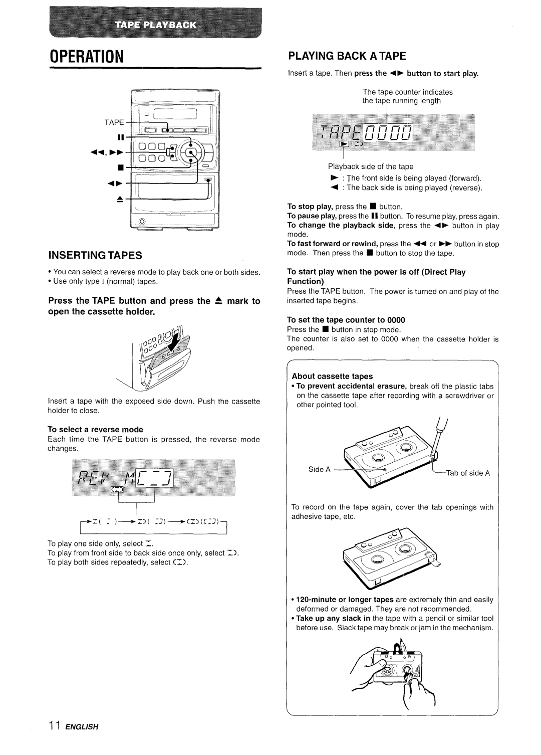 Aiwa LCX-350 manual Inserting Tapes, Playing Back a Tape 