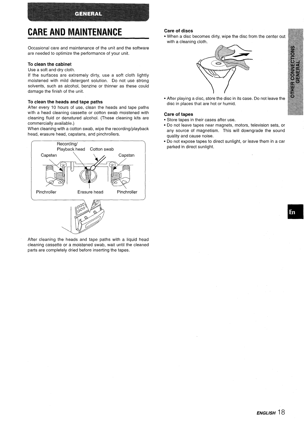 Aiwa LCX-350 manual Care and Maintenance, To clean the heads and tape paths, Care of discs, Care of tapes 