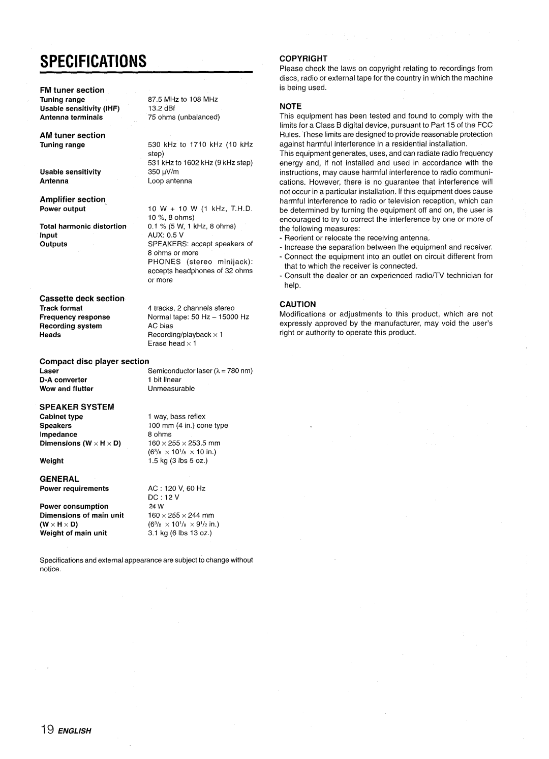 Aiwa LCX-350 manual Specifications, Cassette deck section 