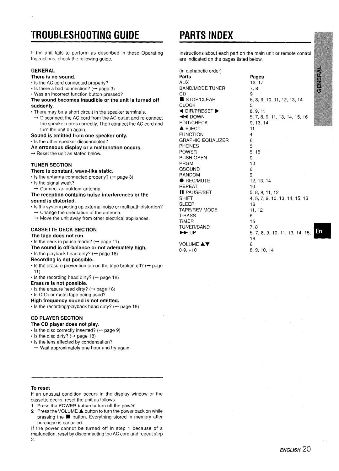 Aiwa LCX-350 manual Troubleshooting Guide, Parts Index 