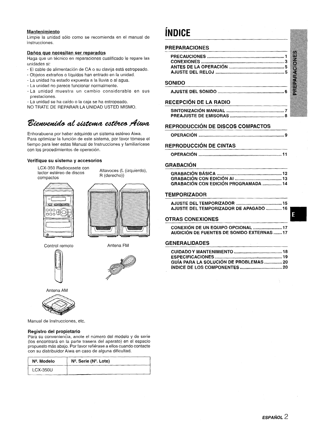 Aiwa LCX-350 manual Ndice 