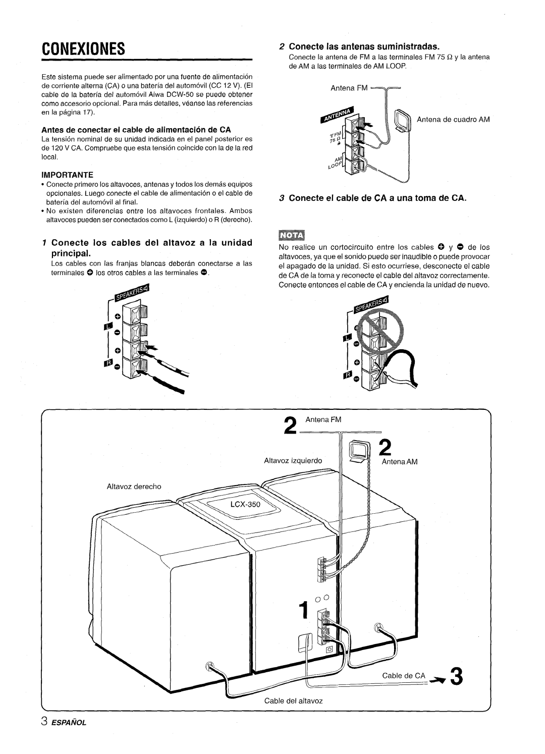 Aiwa LCX-350 manual Conexiones, Conecte Ios cables del altavoz a la unidad principal, Conecte Ias antenas suministradas 