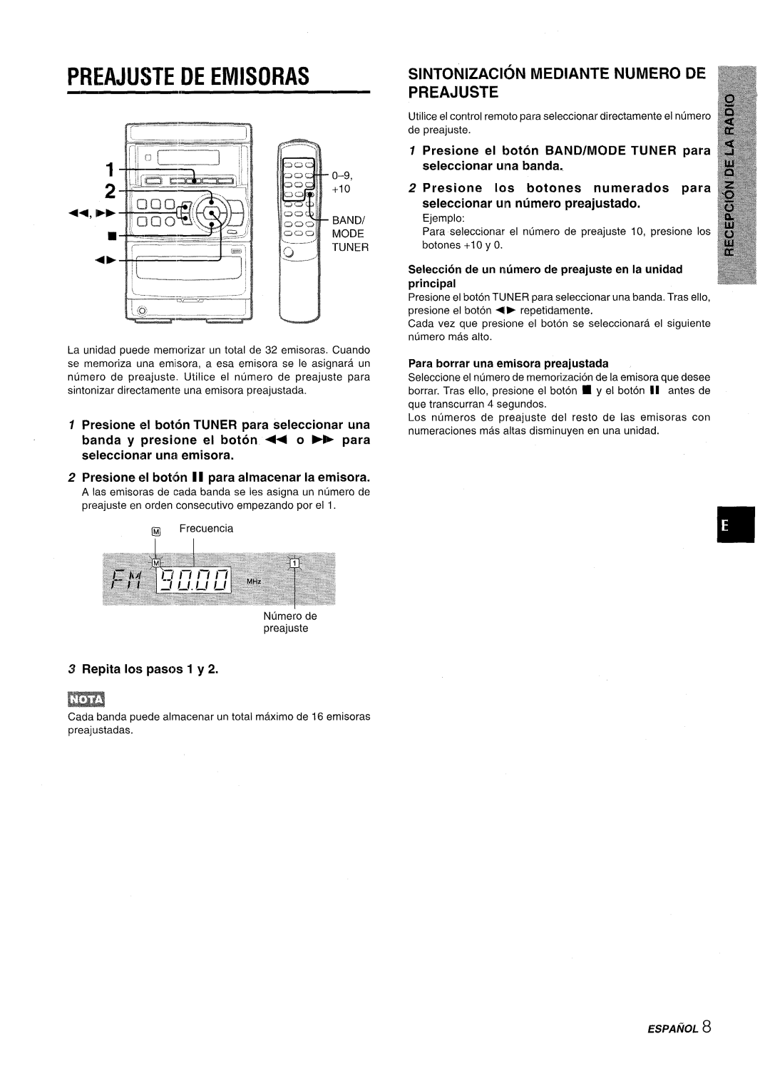 Aiwa LCX-350 manual Preajuste DE Emisoras, SINTONIZAC16N Mediante Numero DE, Repita Ios pasos 1 y 