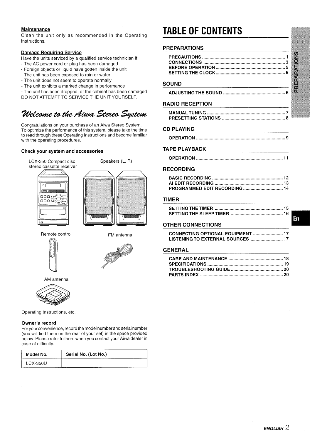 Aiwa LCX-350 manual Table of Contents 