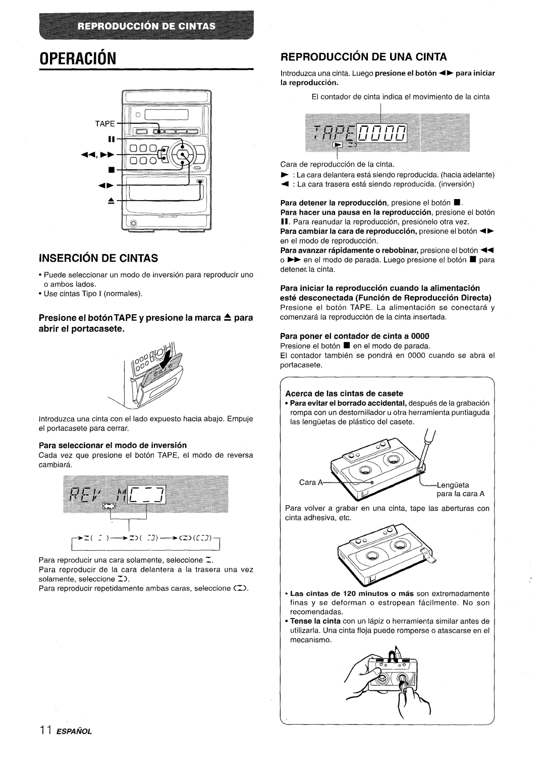 Aiwa LCX-350 manual OPERACIOhl, Insercion DE Cintas, Reproduction DE UNA Cinta, Para poner el contador de cinta a 