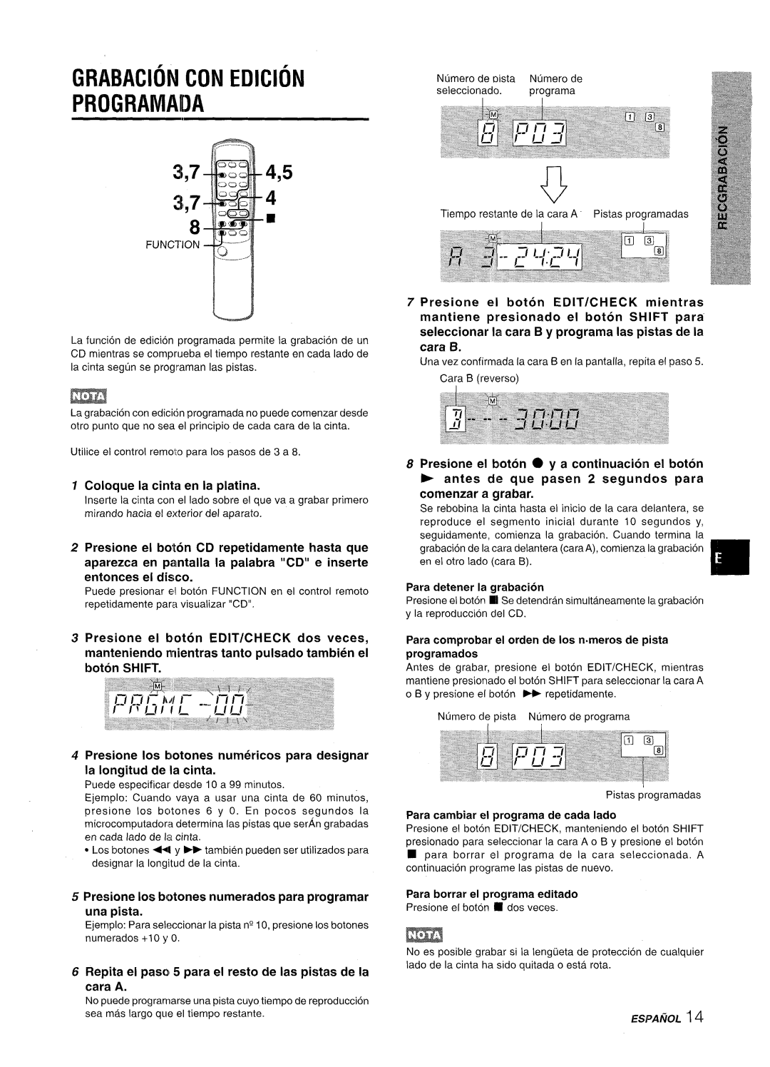 Aiwa LCX-350 manual Grabacion CON Edicion Programada, Para comprobar el orden de Ios n.meres de pista programados 