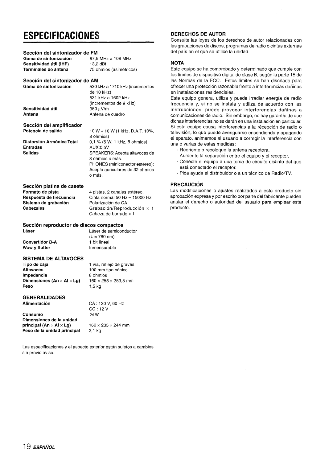 Aiwa LCX-350 manual Especificaciones, Seccion del sintonizador de FM Gama de sintonizacion 