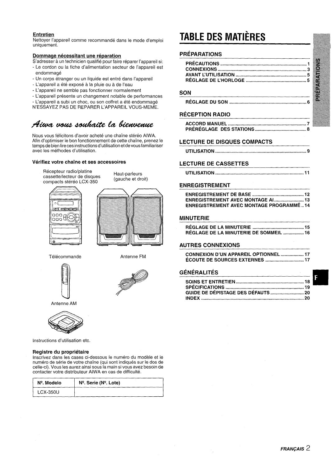 Aiwa LCX-350 manual #L@-ua44wdatzfz%&’fww4e, Table DES Matieres 