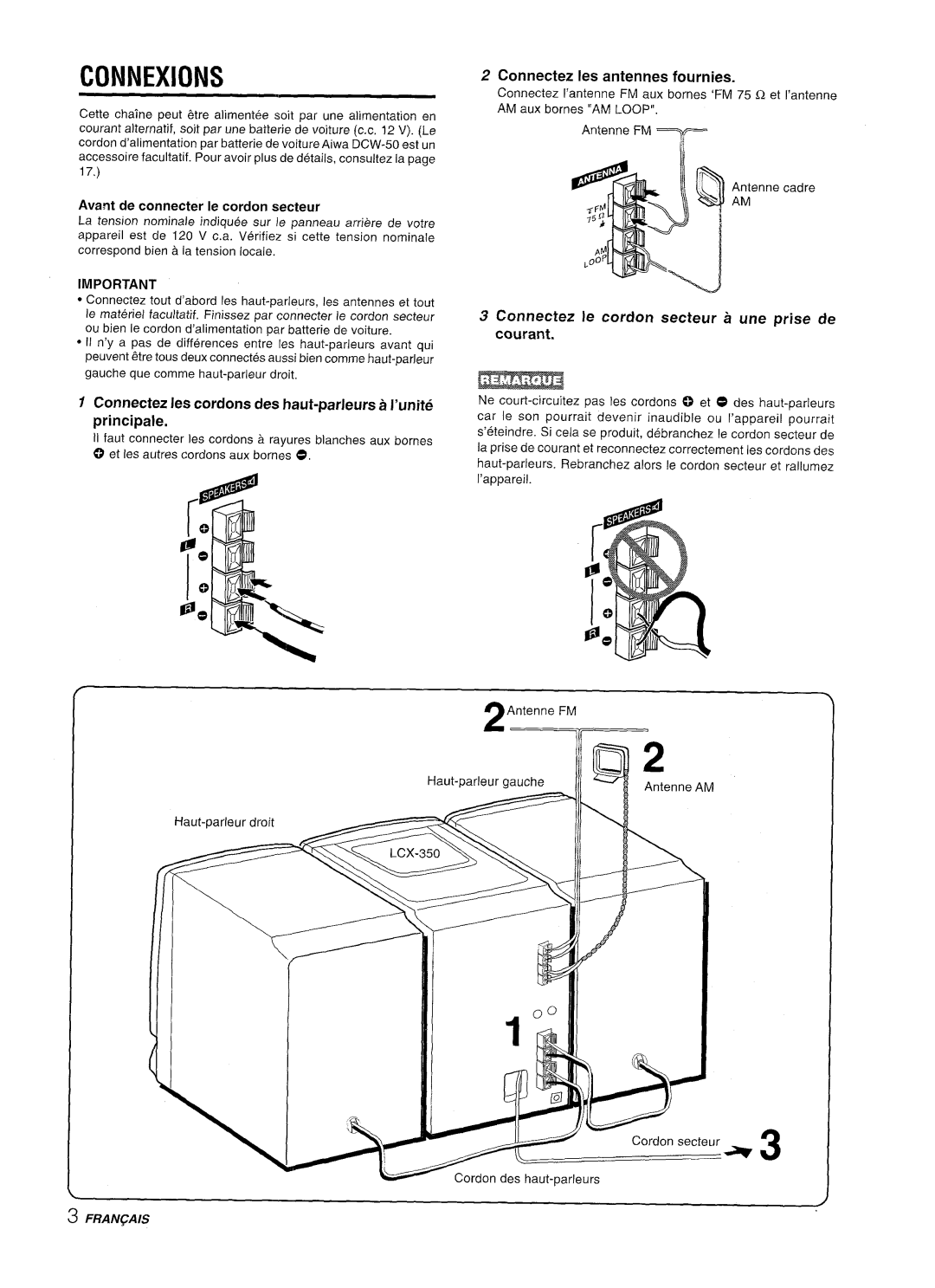 Aiwa LCX-350 manual Connexions, Connectez le cordon secteur a une prise de 