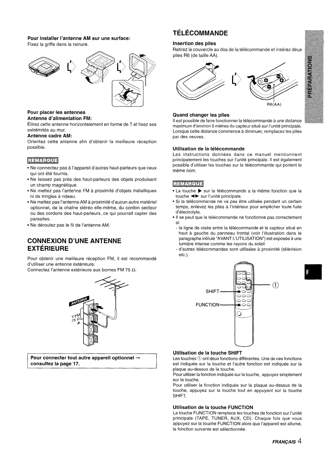 Aiwa LCX-350 manual Connexion D’UNE Antenne Exterieure, Telecommande 