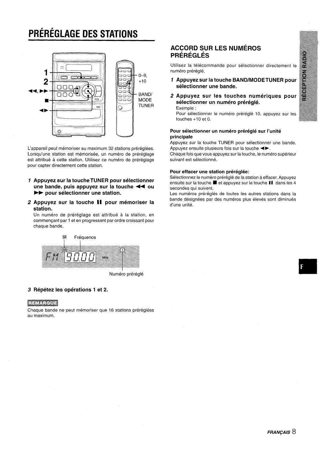 Aiwa LCX-350 manual PF?EREGLAGE DES Stations, Accord SUR LES Numeros Preregles, Repetez Ies operations 1 et 