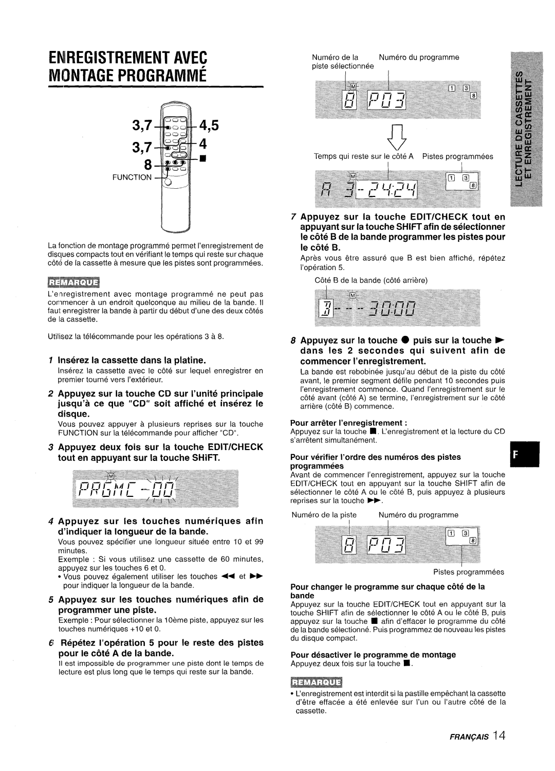 Aiwa LCX-350 manual Eniregistrement Avec Montage Programme, Appuyez sur la touche EDIT/CHECK tout en, Txofarammees 