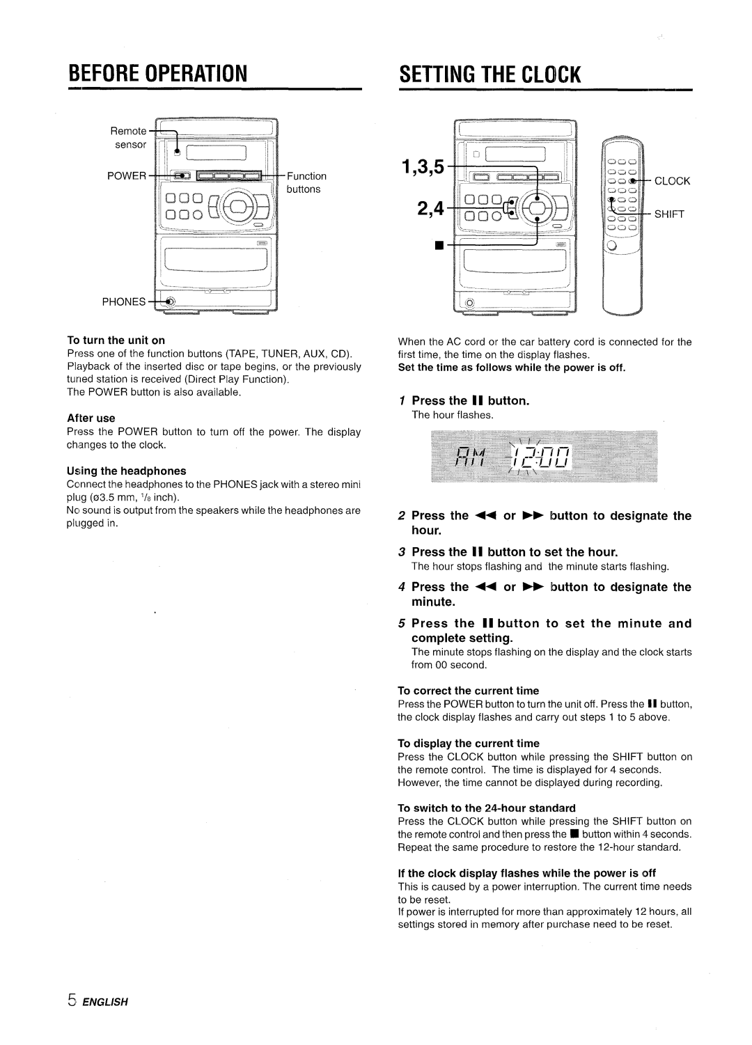 Aiwa LCX-350 manual Before Operation, Setting the Clock, =-=2+5=-=4, Press the 11 button 