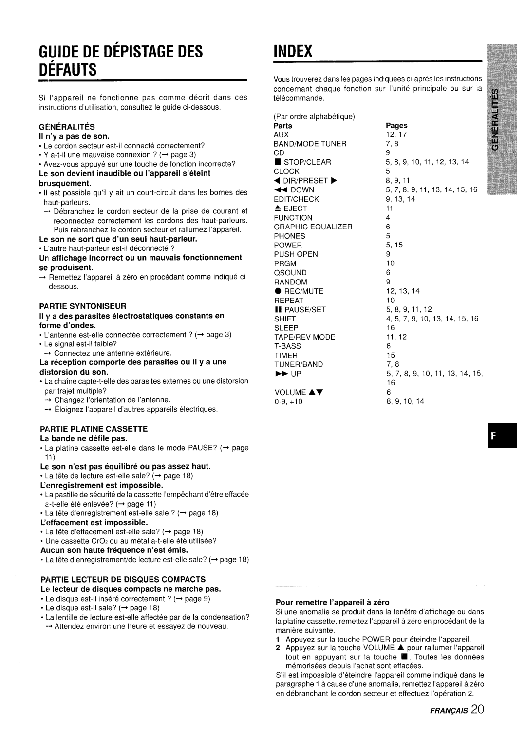 Aiwa LCX-350 manual Guide DE Depistage DES Defauts, Index 