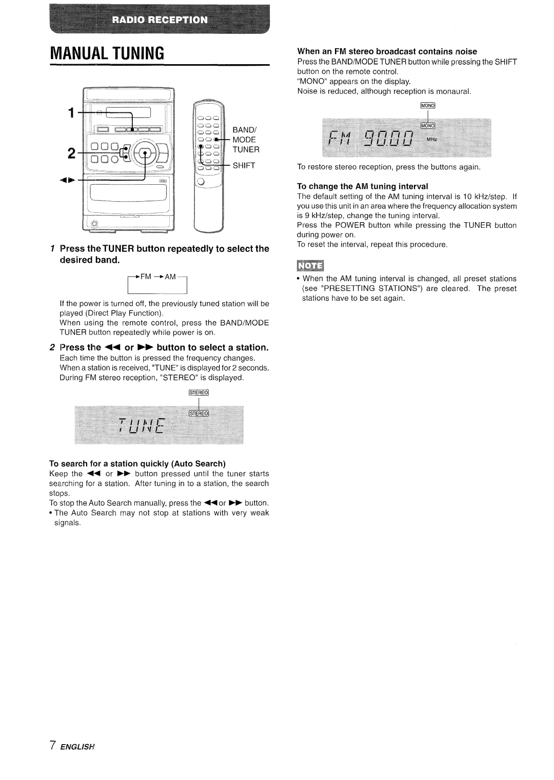 Aiwa LCX-350 manual Manual Tuning, Press the q or button to select a station, To search for a station quickly Auto Search 