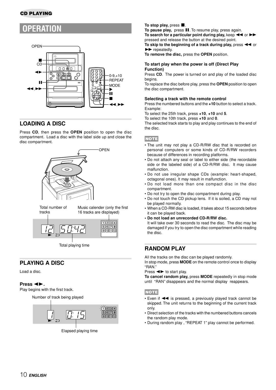 Aiwa LCX-357 manual Operation, Loading a Disc, Playing a Disc, Random Play 