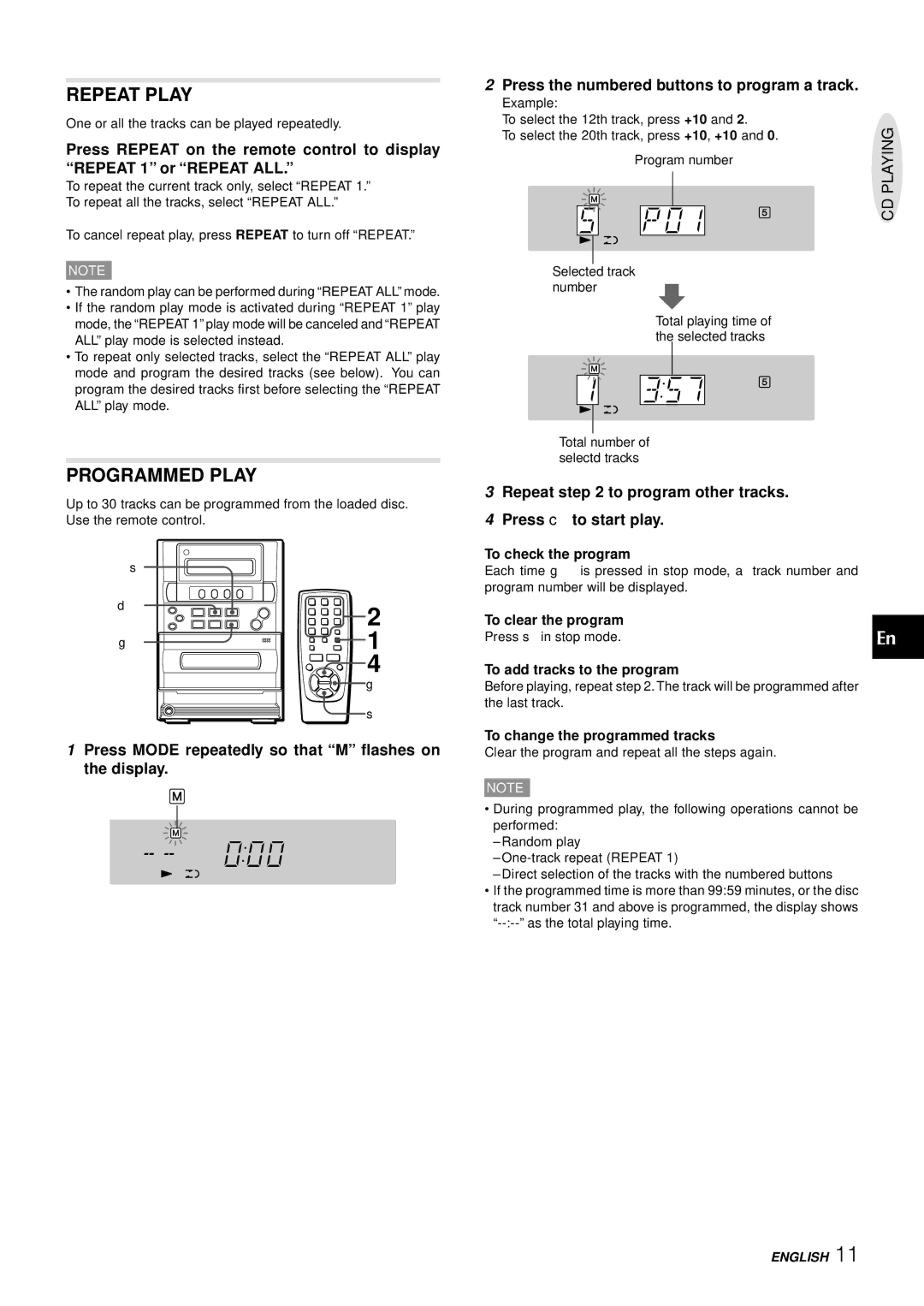 Aiwa LCX-357 manual Repeat Play, Programmed Play, Repeat to program other tracks Press c to start play 