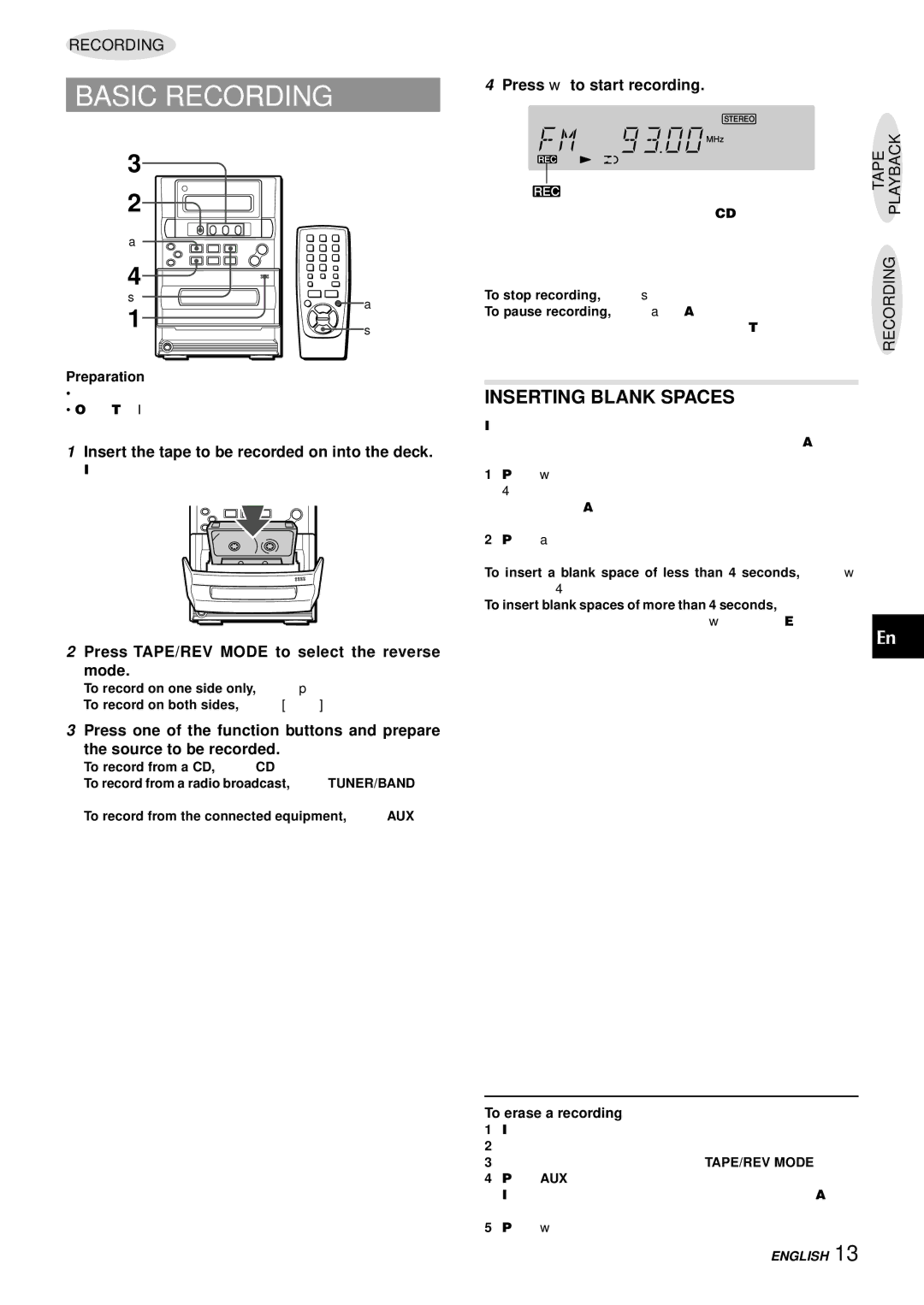 Aiwa LCX-357 manual Basic Recording, Inserting Blank Spaces, Insert the tape to be recorded on into the deck 