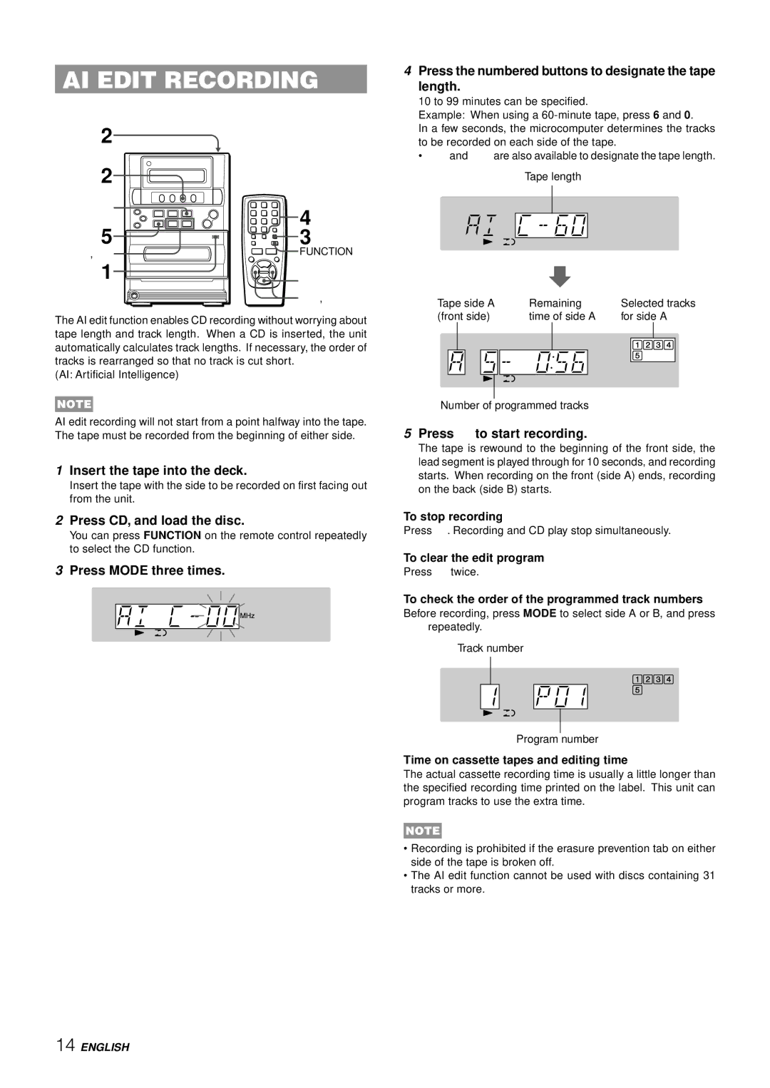 Aiwa LCX-357 manual AI Edit Recording, Insert the tape into the deck, Press CD, and load the disc 