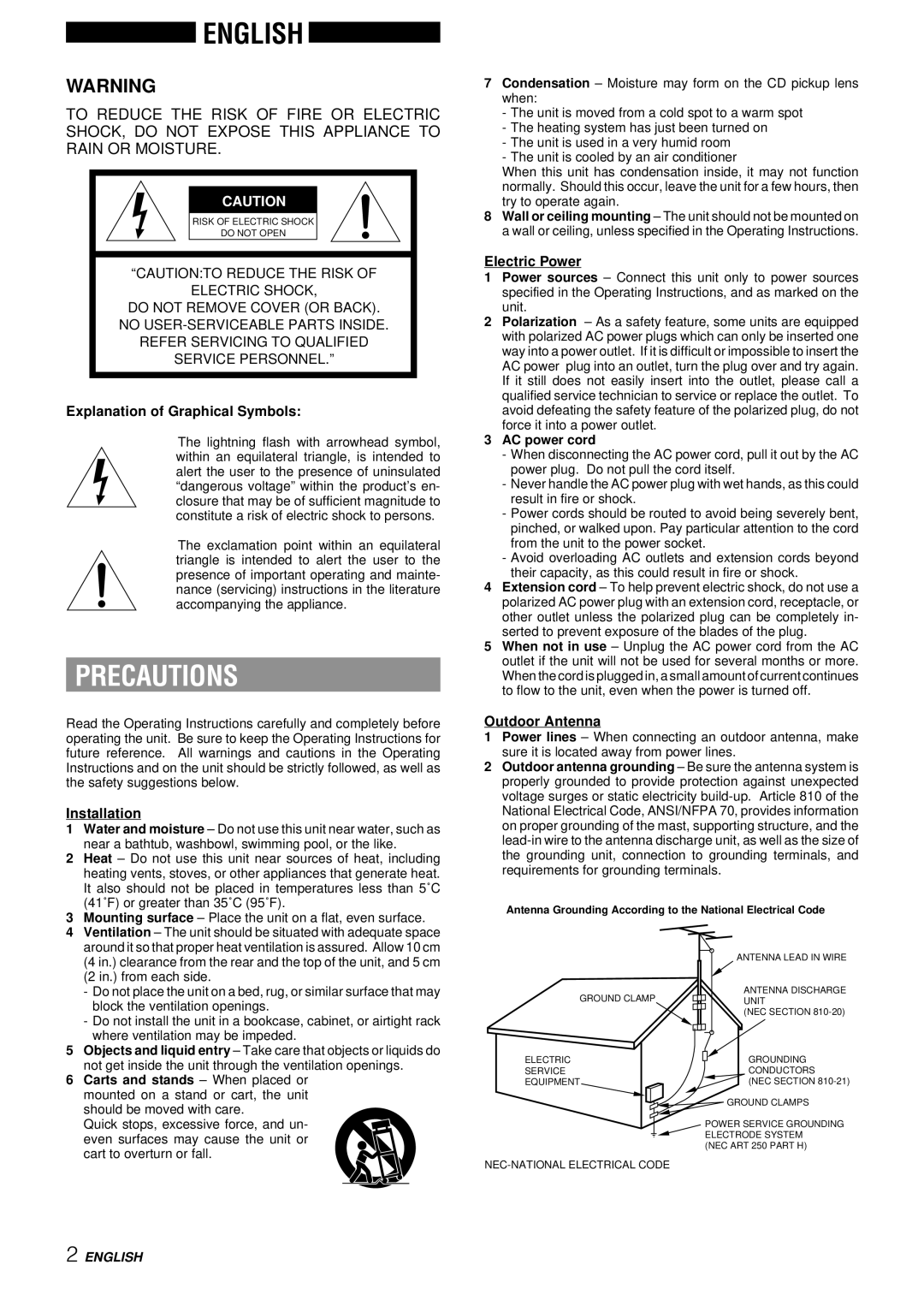 Aiwa LCX-357 manual Precautions, Explanation of Graphical Symbols, Installation, Electric Power, Outdoor Antenna 