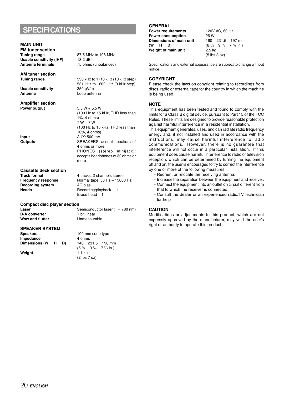 Aiwa LCX-357 manual Specifications, Main Unit, Speaker System, Copyright 