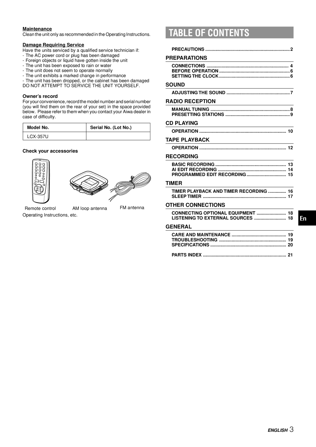 Aiwa LCX-357 manual Table of Contents 