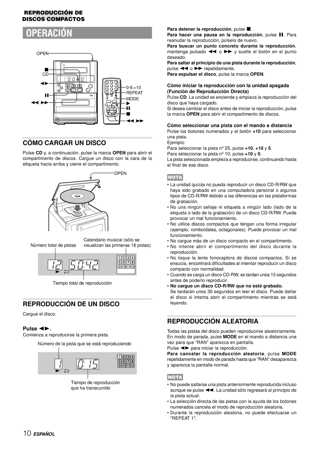 Aiwa LCX-357 manual Operación, CÓ MO Cargar UN Disco, Reproducció N DE UN Disco, Reproducció N Aleatoria 