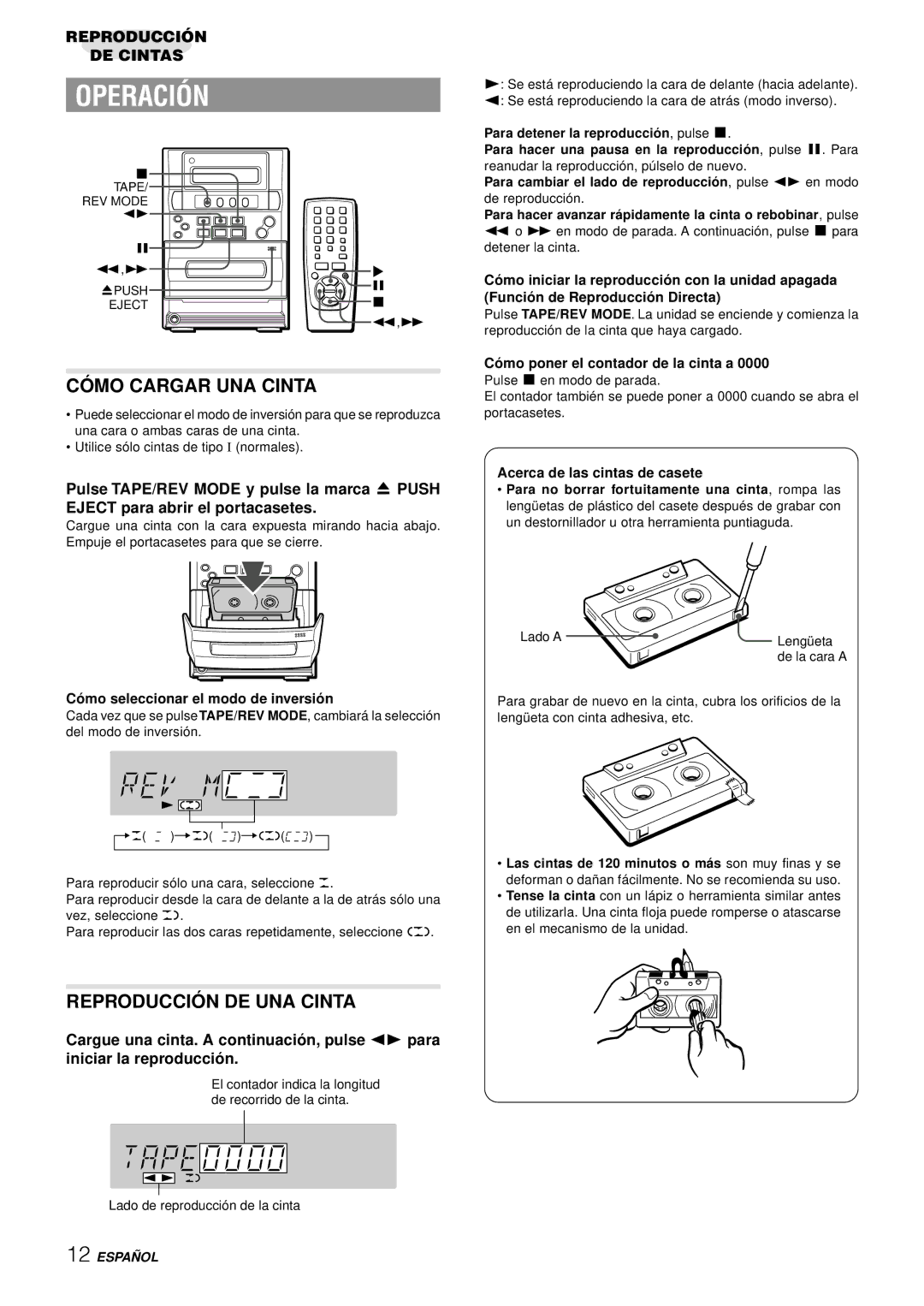 Aiwa LCX-357 manual CÓ MO Cargar UNA Cinta, Reproducció N DE UNA Cinta, Có mo seleccionar el modo de inversió n 