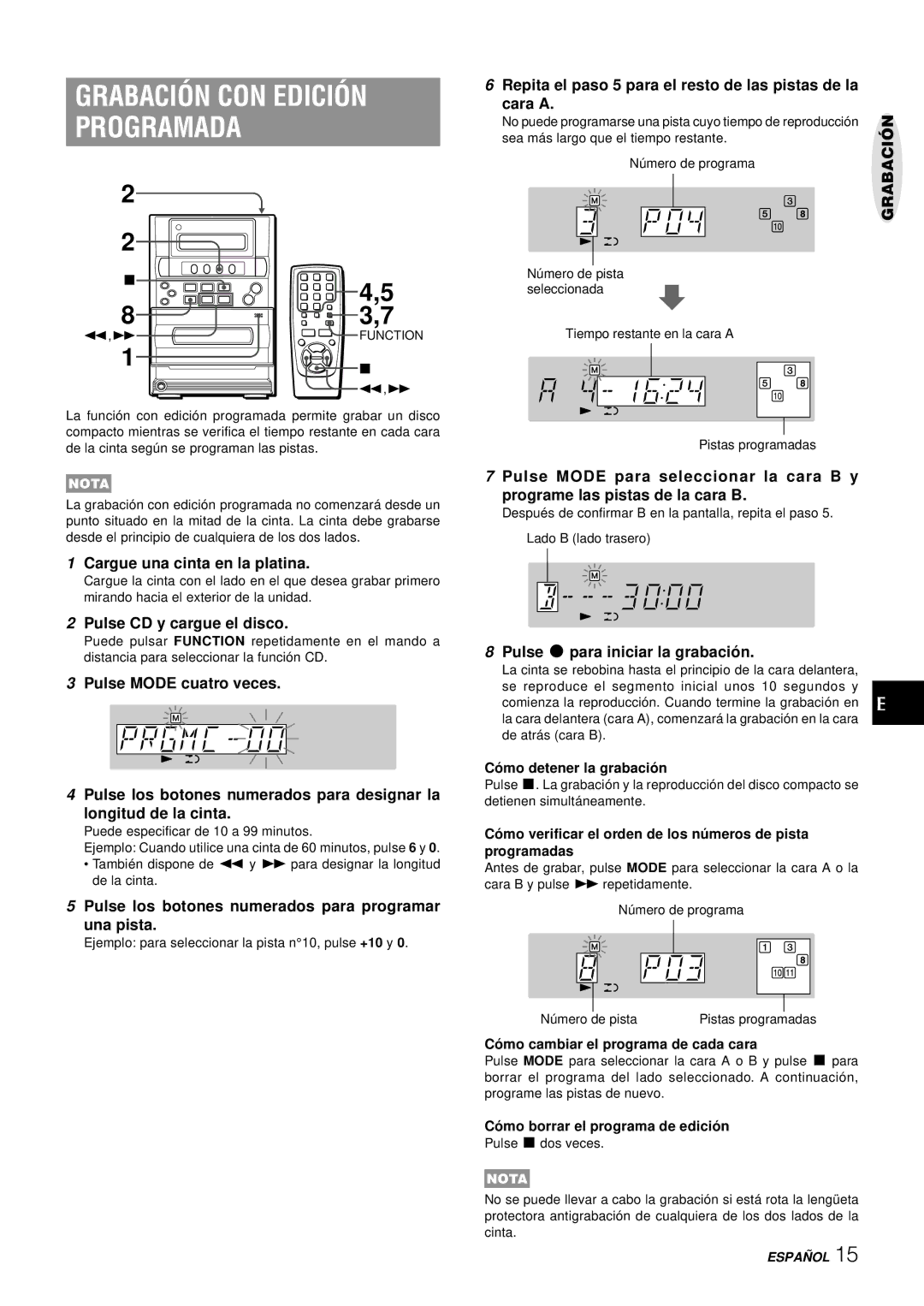 Aiwa LCX-357 manual Grabación CON Edición Programada, Pulse los botones numerados para programar Una pista 