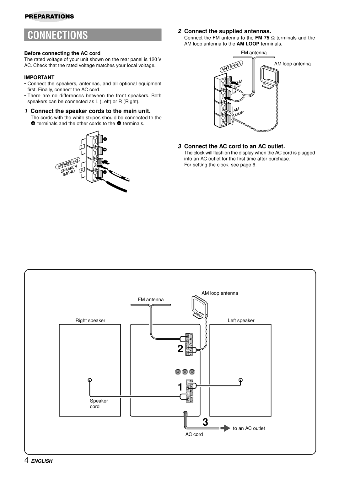 Aiwa LCX-357 manual Connections, Connect the speaker cords to the main unit, Connect the supplied antennas 