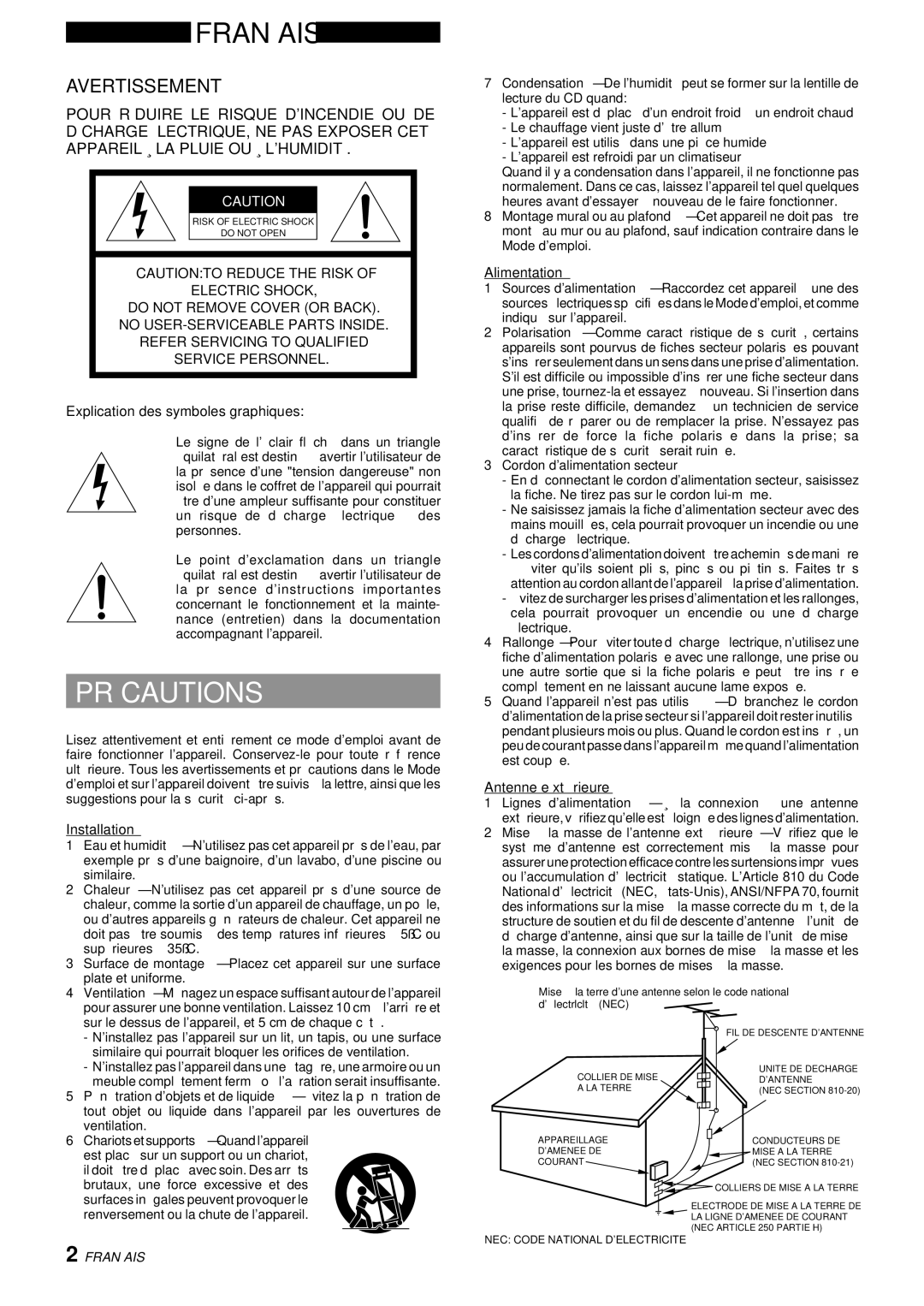 Aiwa LCX-357 manual Précautions, Avertissement, Explication des symboles graphiques, Alimentation, Antenne exté rieure 