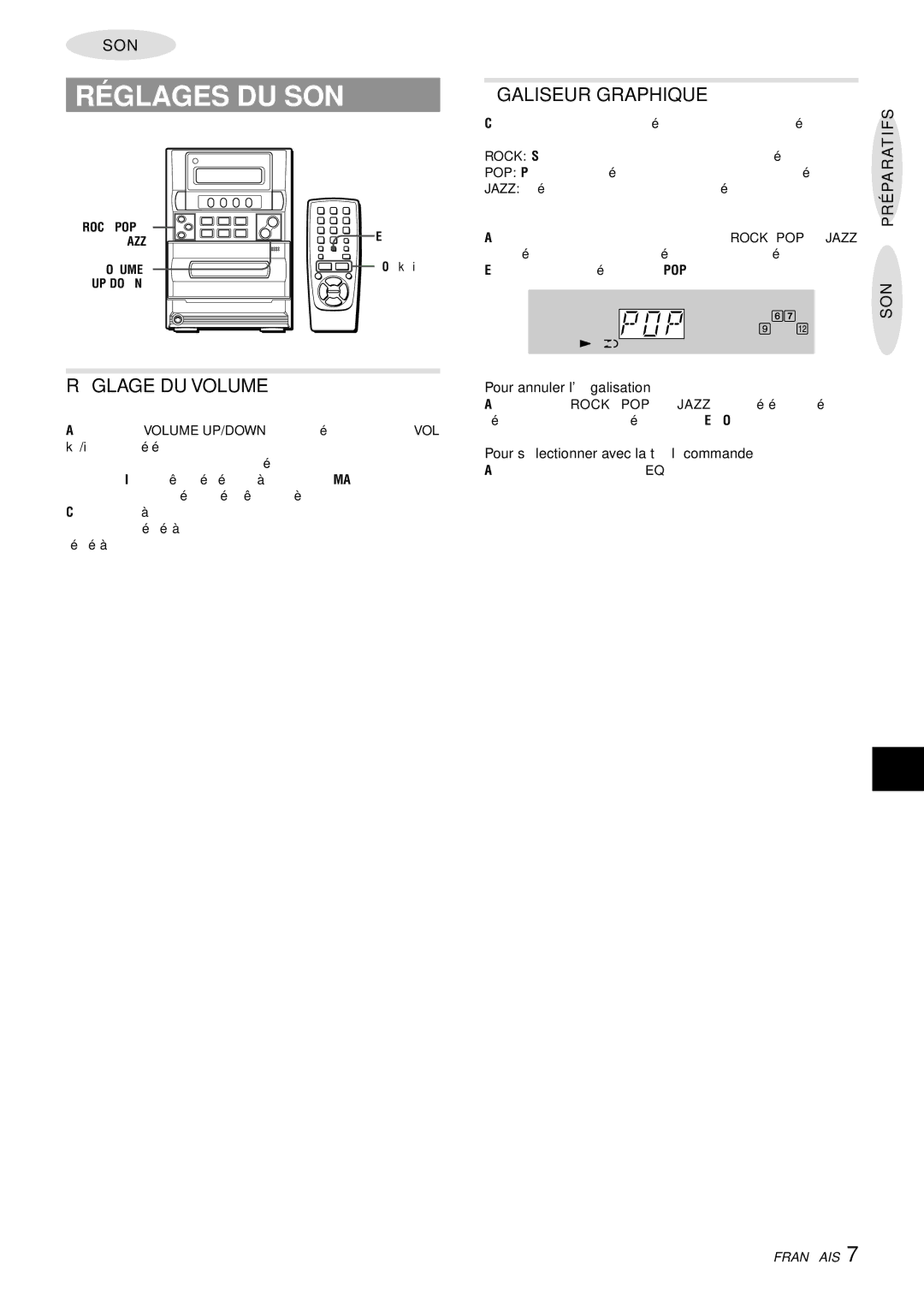 Aiwa LCX-357 manual Réglages DU SON, Galiseur Graphique, RÉ Glage DU Volume, Pour annuler lé galisation 