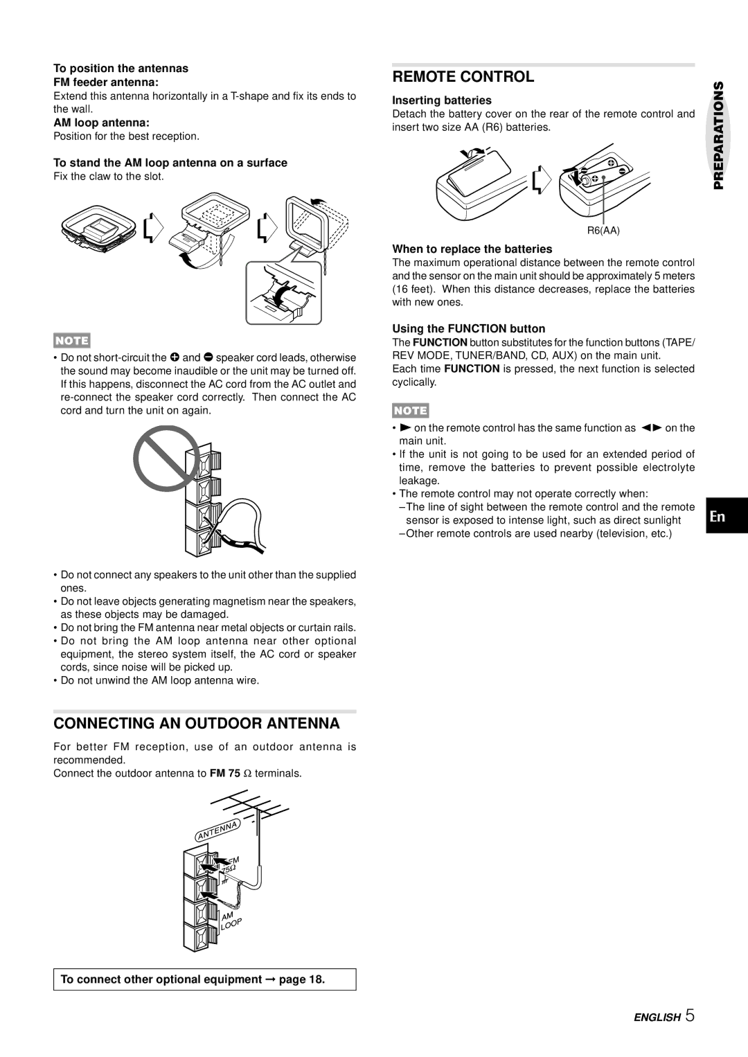 Aiwa LCX-357 manual Connecting AN Outdoor Antenna, Remote Control 