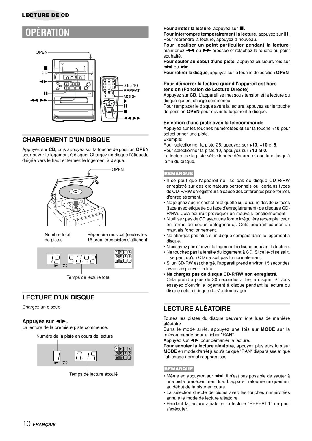 Aiwa LCX-357 manual Opération, Chargement DUN Disque, Lecture DUN Disque, Lecture ALÉ Atoire, Appuyez sur d 