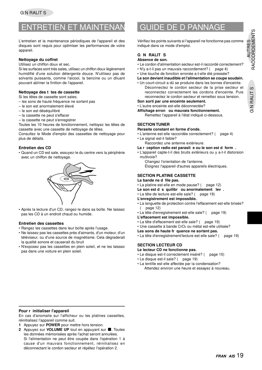 Aiwa LCX-357 manual Guide DE Dépannage, GÉ NÉ Ralité S, Section Tuner, Section Platine Cassette, Section Lecteur CD 